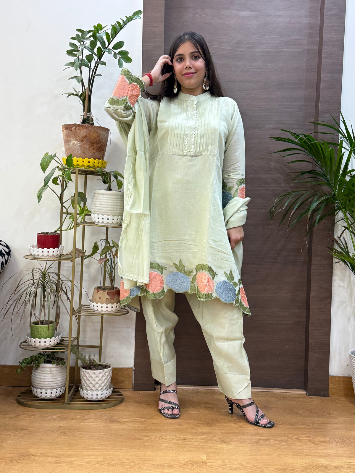 Pista Green Mal Chanderi Pharsi Dupatta Suit Set
