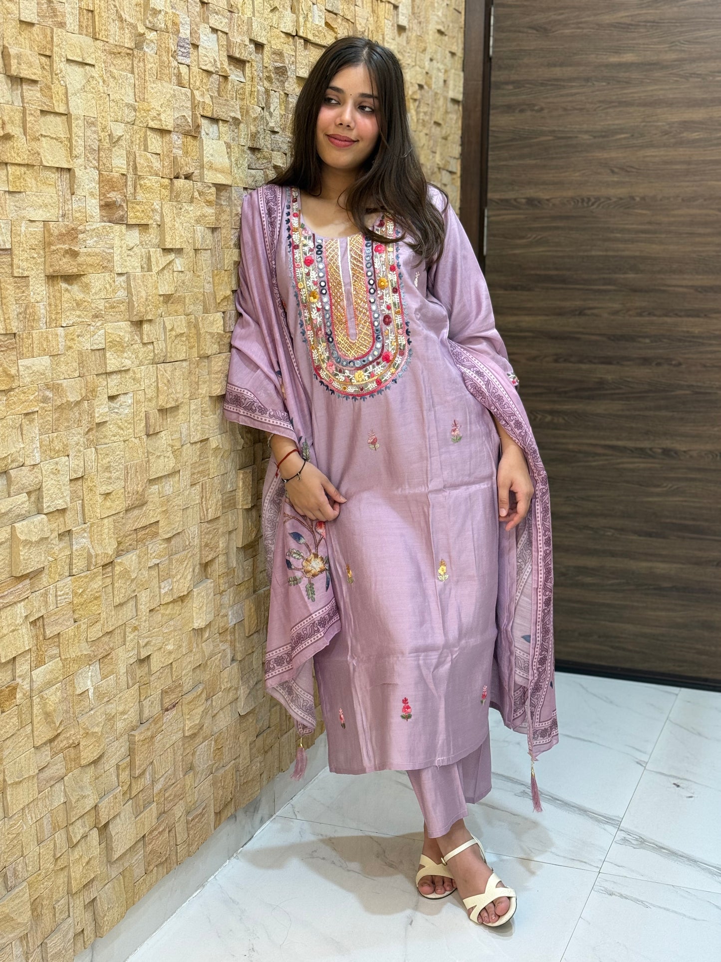 Lavendor Kantha Embroidery Silk with Dupatta Suit Set