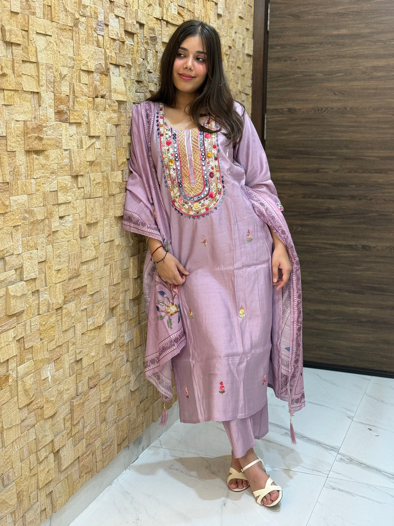 Lavendor Kantha Embroidery Silk with Dupatta Suit Set