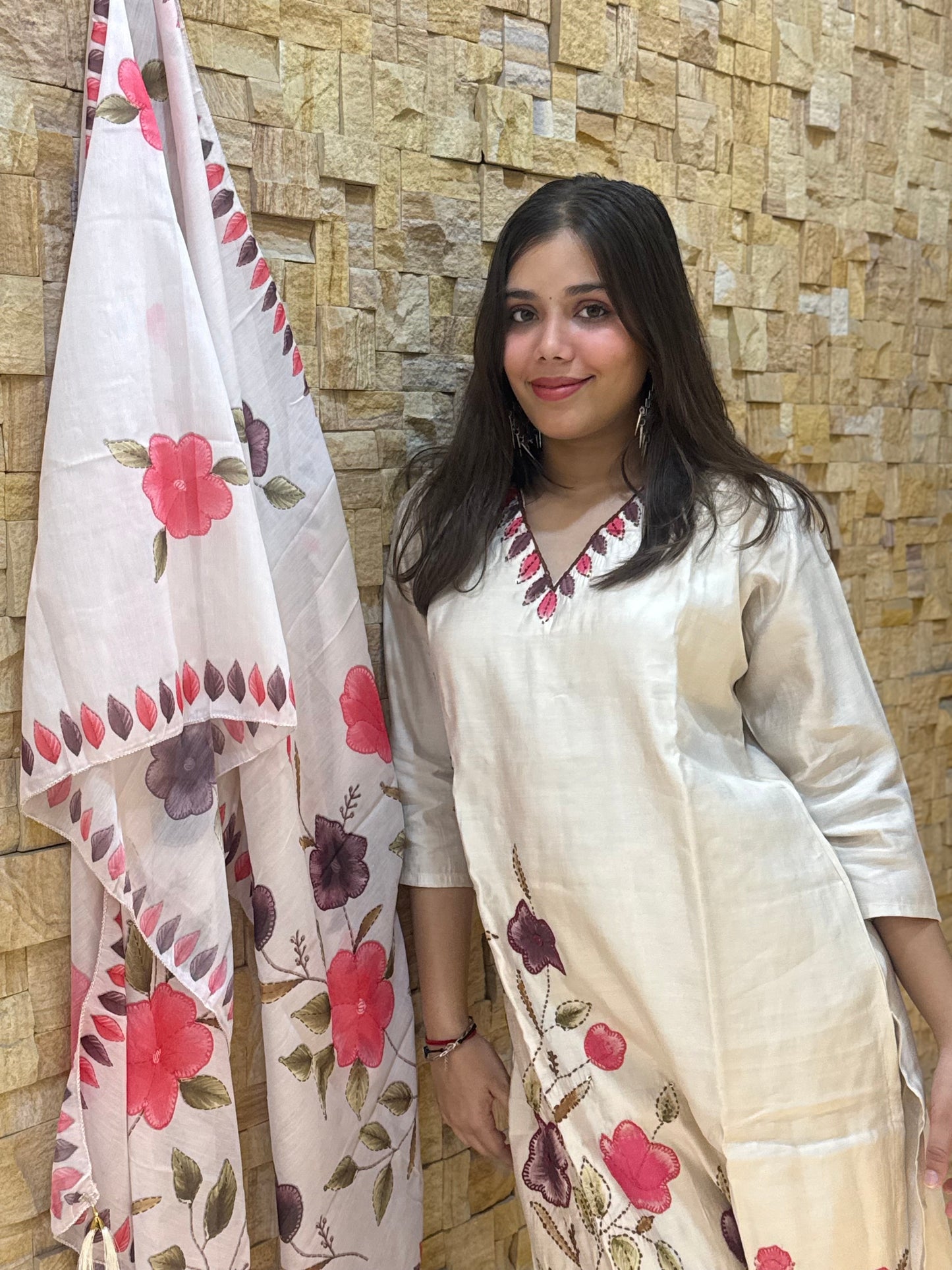 Beige Kantha Embroidery Silk with Dupatta Suit Set