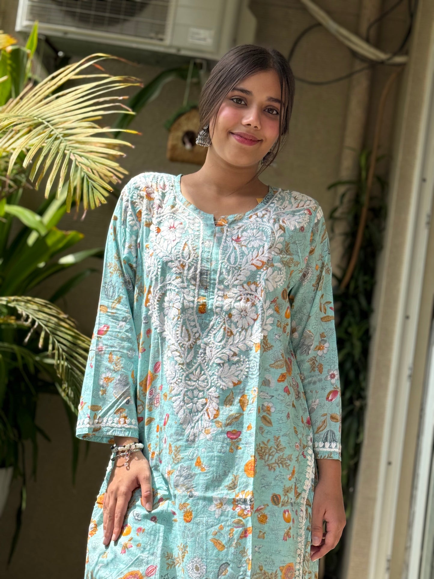 Turquoise Chikankari Malmal Co Ord Set