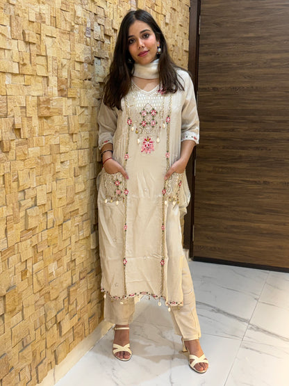 Beige Dola Silk with Pockets and Dupatta Suit Set