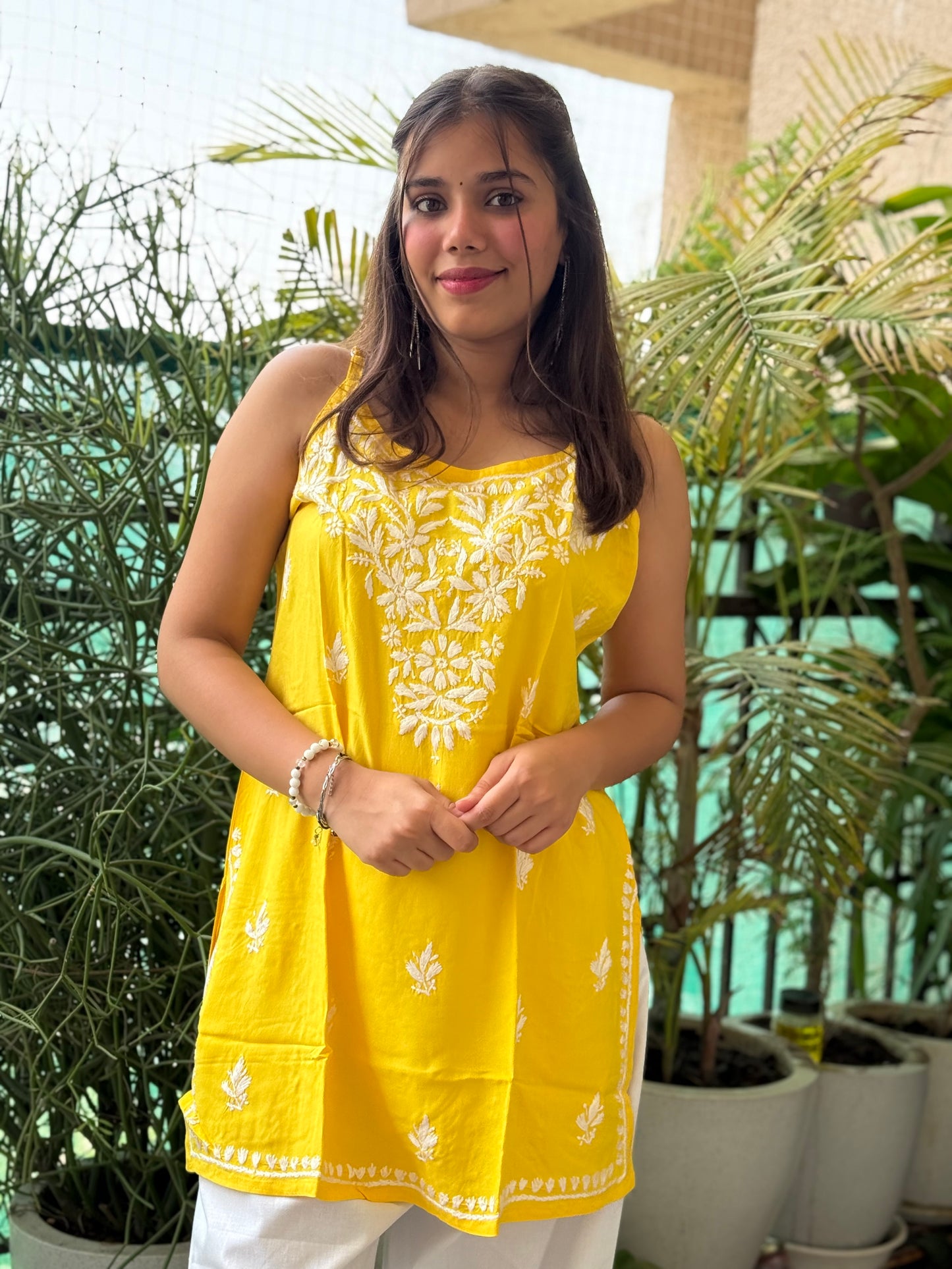 Yellow Noodle Strap Chikankari Short Kurti