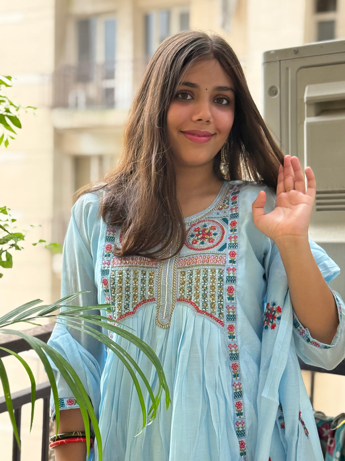 Powder Blue Mal Chanderi Aline Dupatta Suit Set