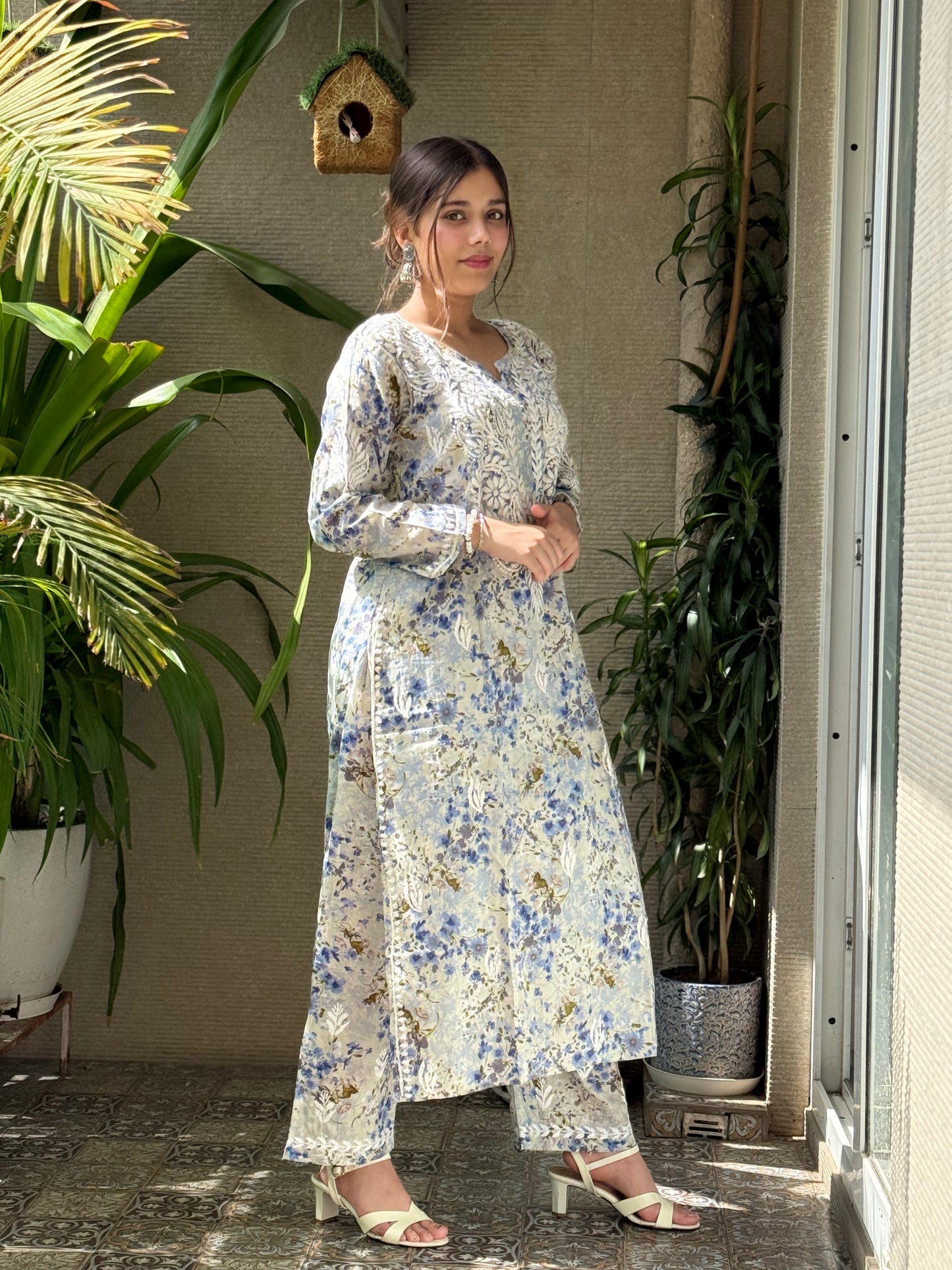 Powder Blue Chikankari Malmal Co Ord Set