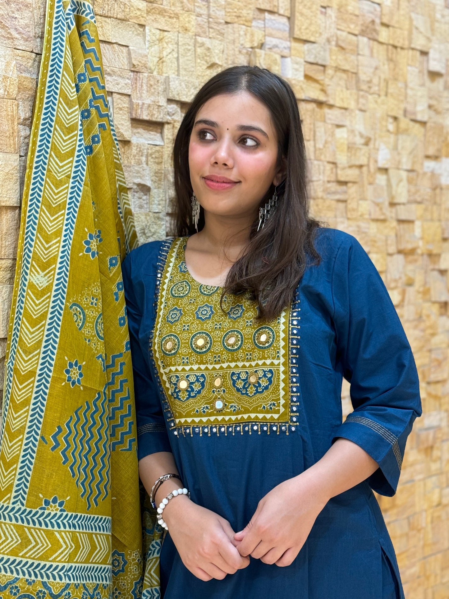 Peacock Blue Ajrakh Cotton Suit Set