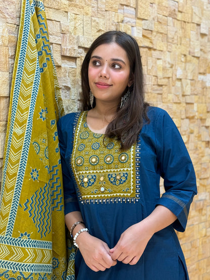 Peacock Blue Ajrakh Cotton Suit Set