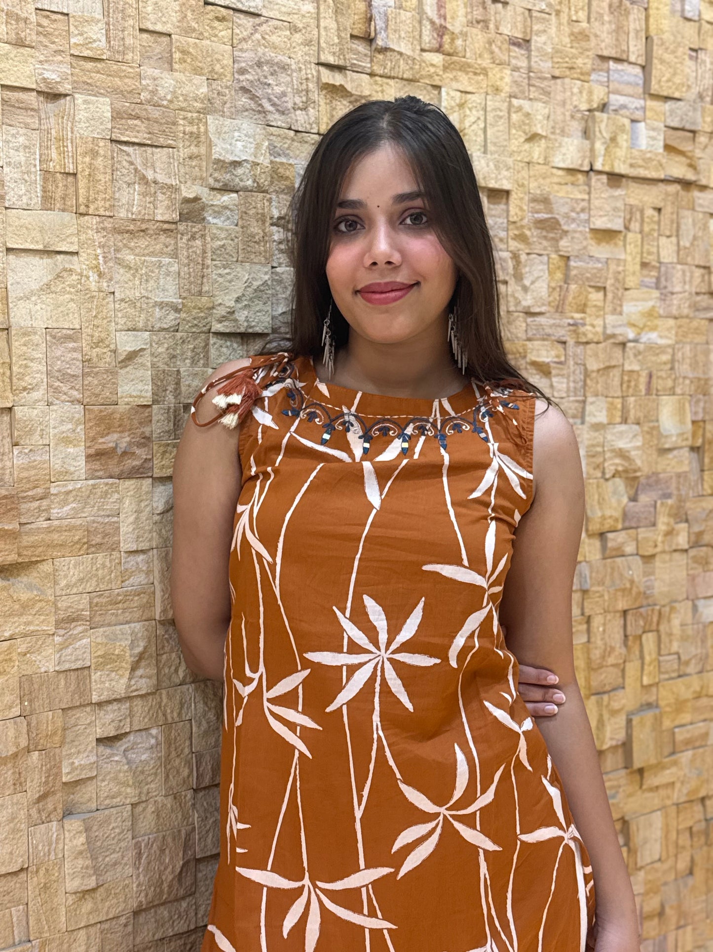 Rust Leaf Print Sleeveless Cotton with Tie-Knot details Kurti