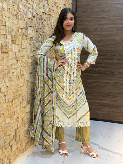 Beige and green Digital Print Cotton Suit Set