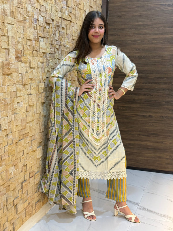 Beige and green Digital Print Cotton Suit Set