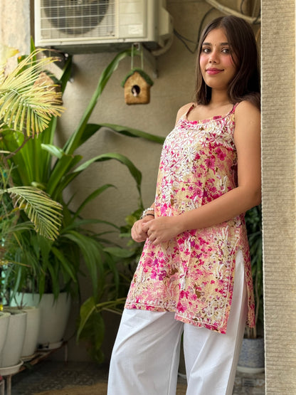 Printed Noodle Strap Chikankari Short Kurti