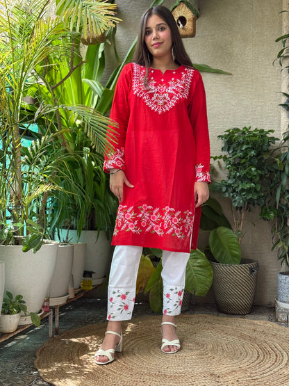 Red Cotton Embroidery Co Ord Set