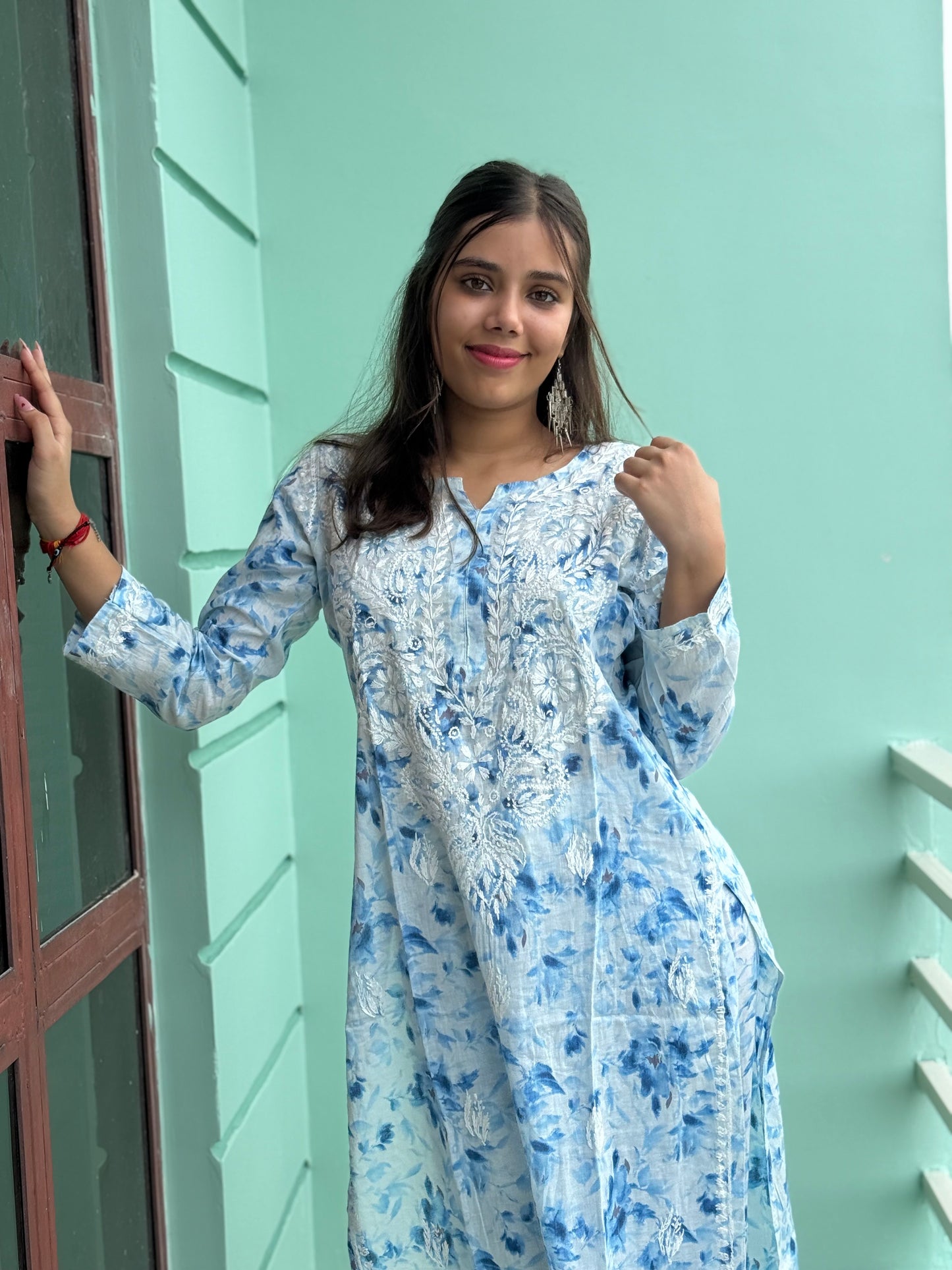 Sky Blue Chikankari Malmal Co Ord Set