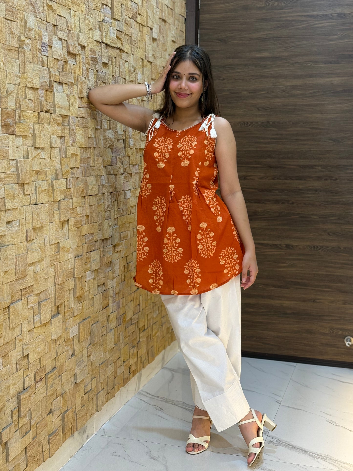 Rust Floral Print with Tie-knot details Short Kurti