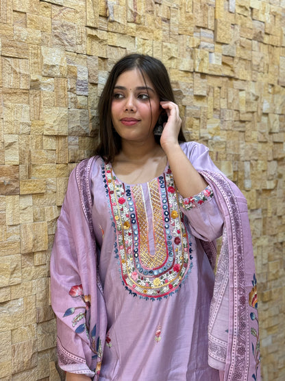 Lavendor Kantha Embroidery Silk with Dupatta Suit Set