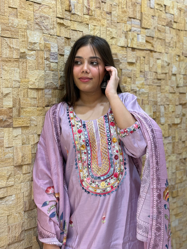 Lavendor Kantha Embroidery Silk with Dupatta Suit Set