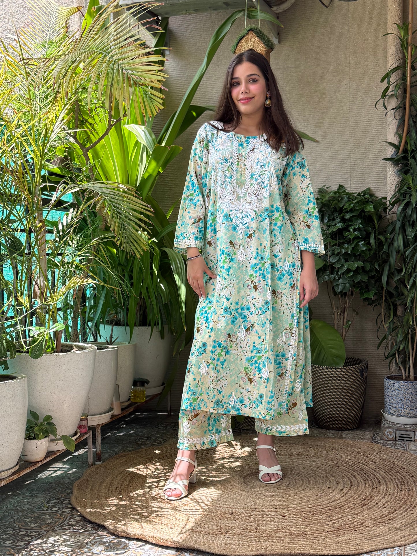 Turquoise Chikankari Malmal Co Ord Set
