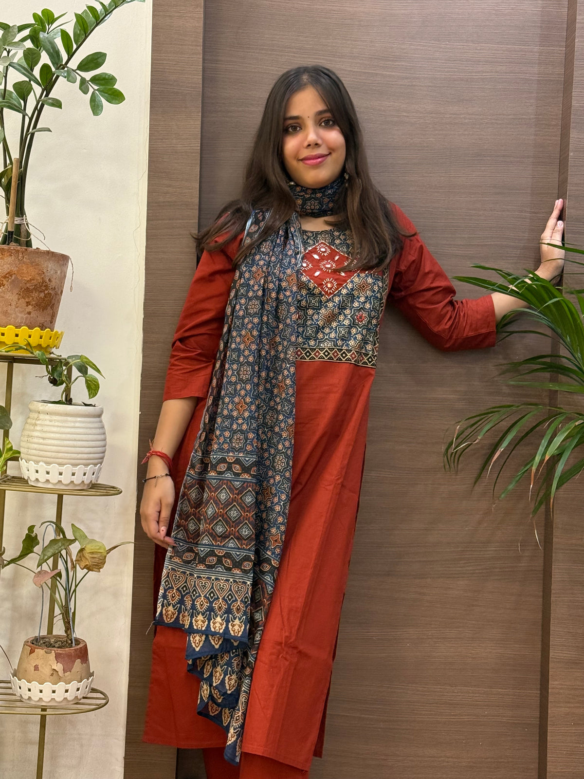 Rust Cotton Ajrakh Dupatta Suit Set