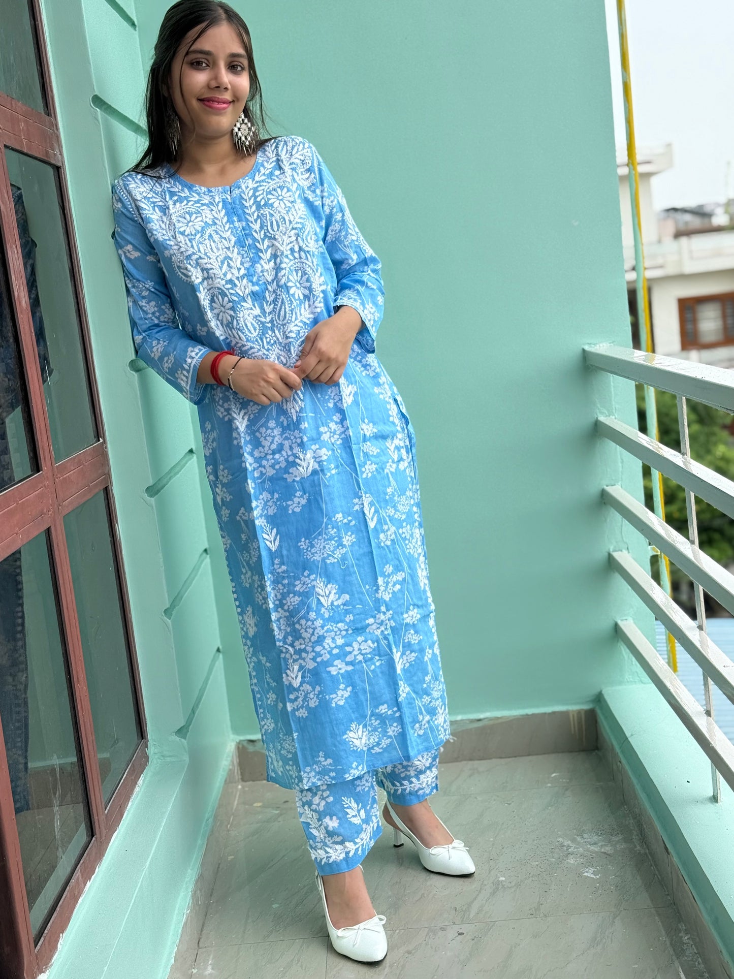 Blue and White Chikankari Malmal Co Ord Set