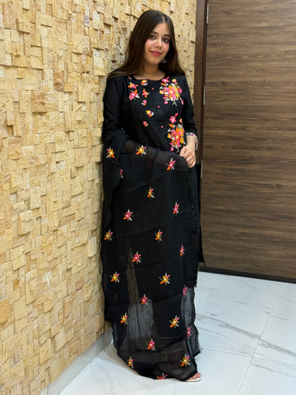 Black Pure Cotton Embroidery with Mal Dupatta Suit Set