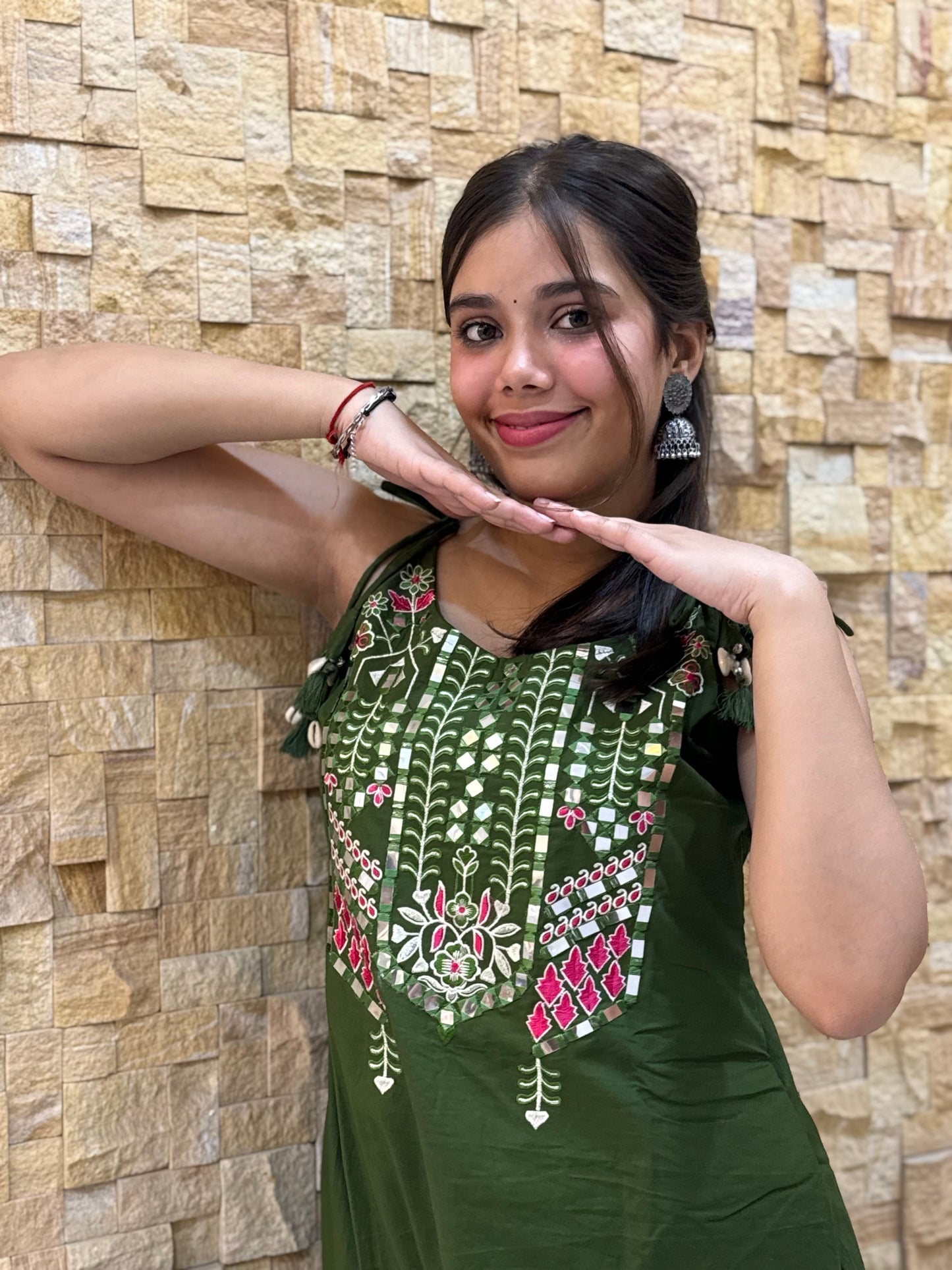 Green Cotton Embroidery with Tie Knot details Co Ord Set