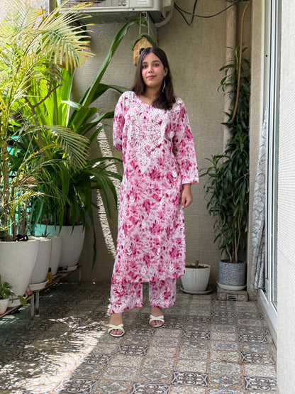 Rani Pink Chikankari Malmal Co Ord Set