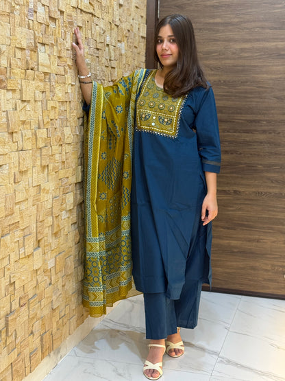 Peacock Blue Ajrakh Cotton Suit Set