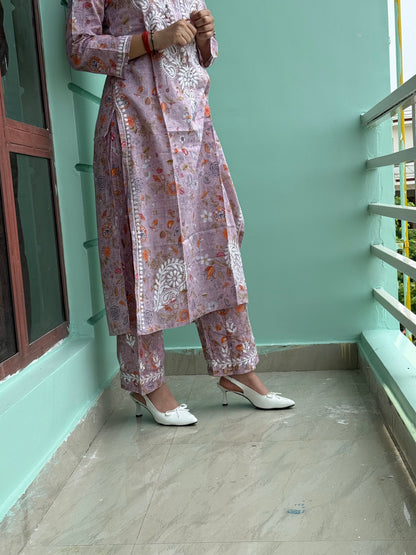 Lavender Chikankari Malmal Co Ord Set