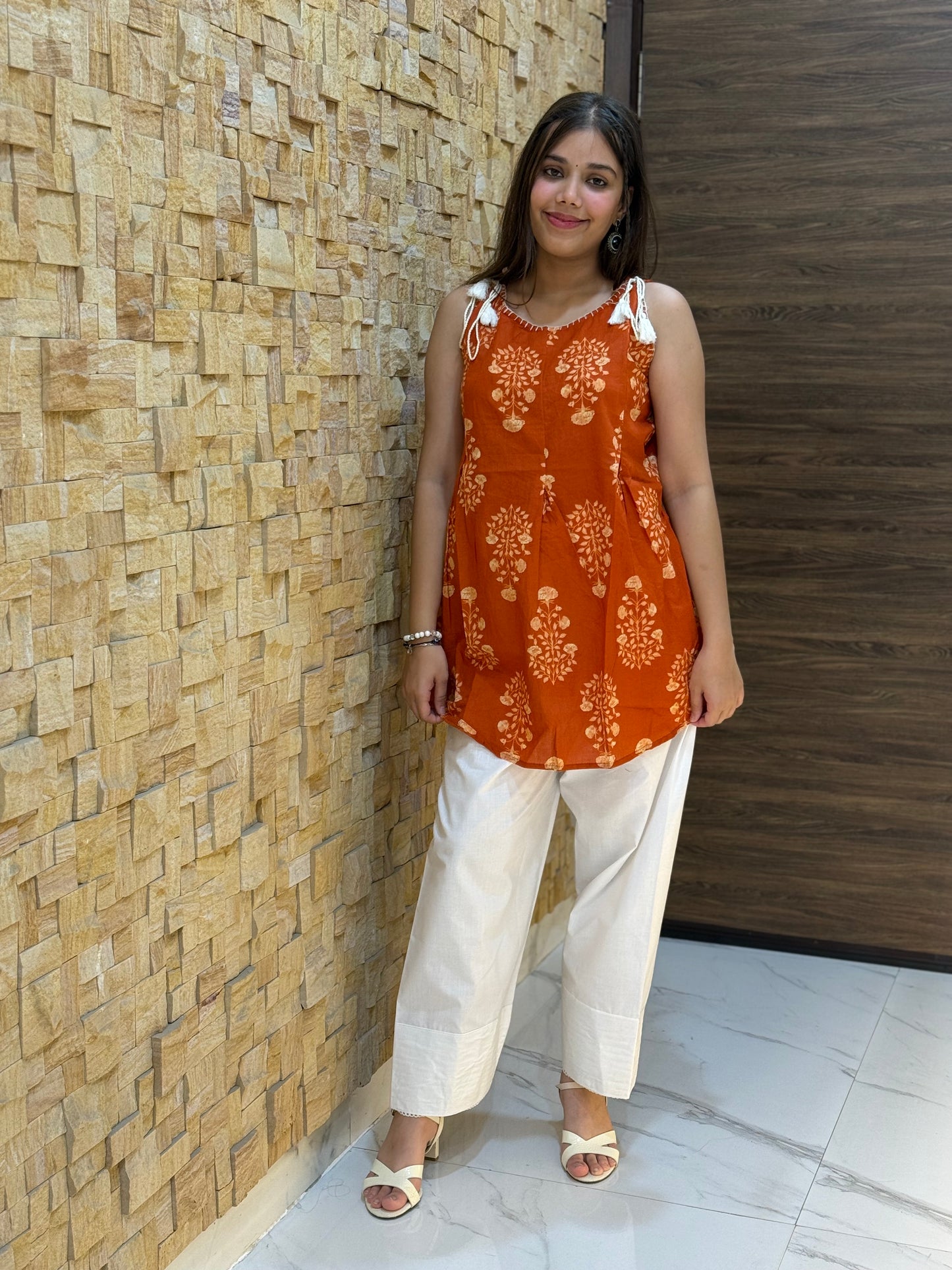 Rust Floral Print with Tie-knot details Short Kurti