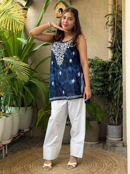 Navy Blue Noodle Strap Chikankari Short Kurti