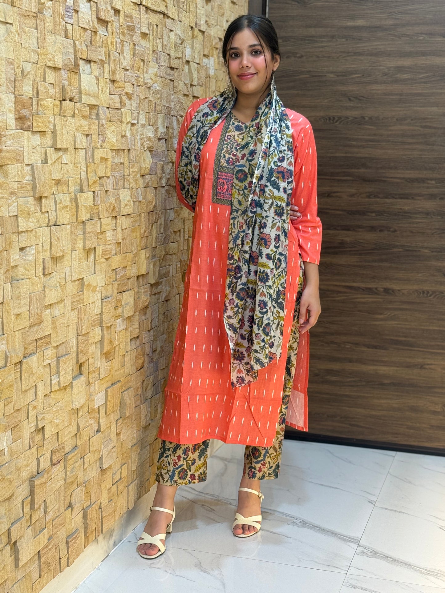 Coral Digital Print Cotton Suit Set