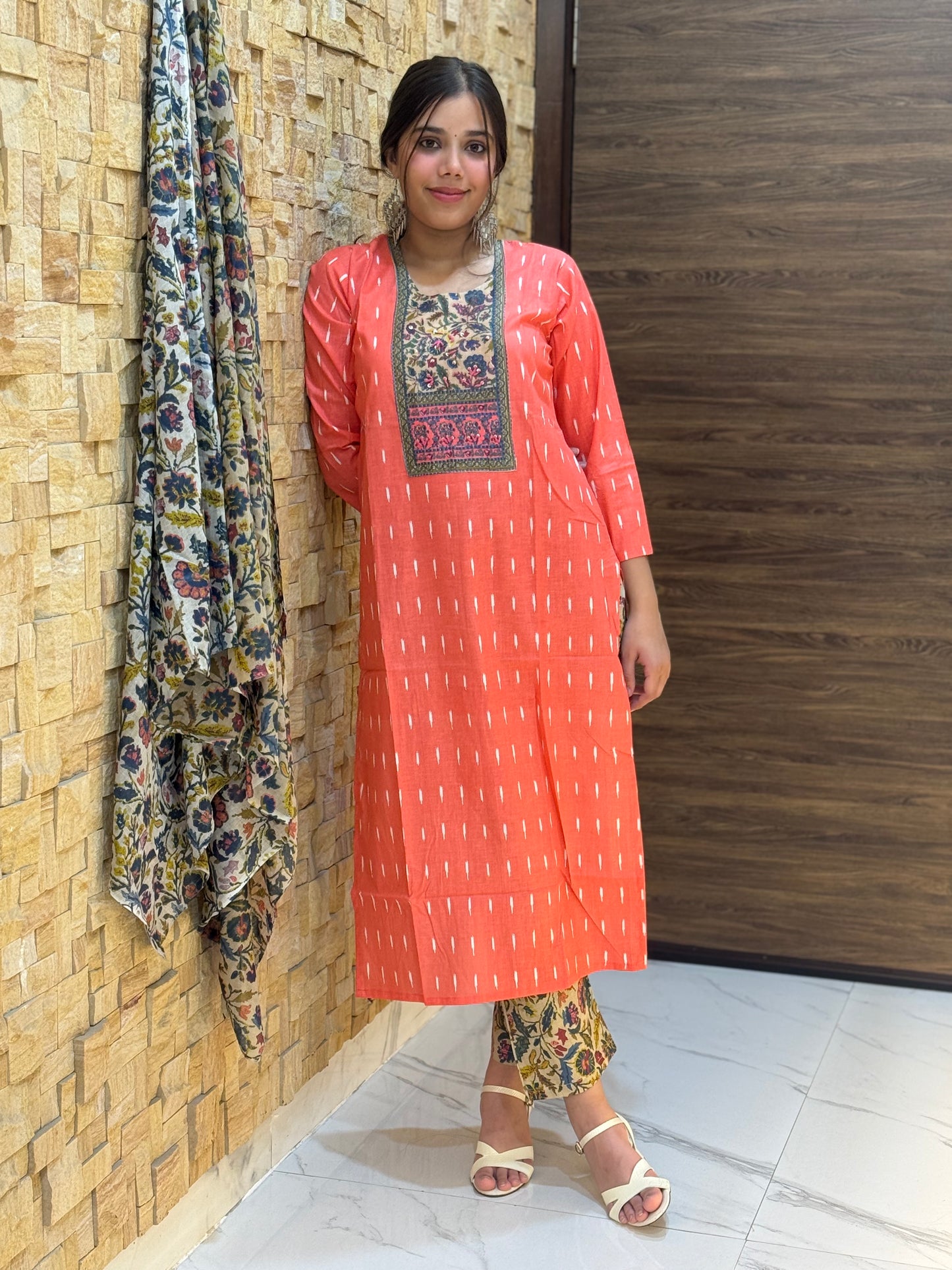 Coral Digital Print Cotton Suit Set