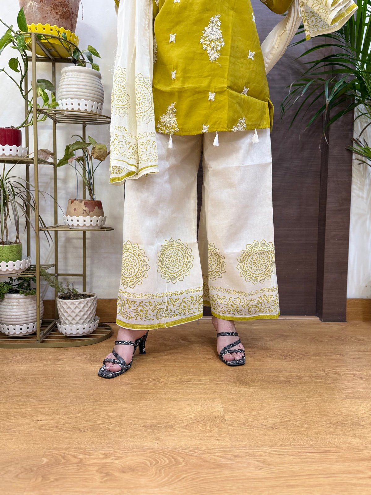 Green Mal Chanderi Palazzo Dupatta Suit Set