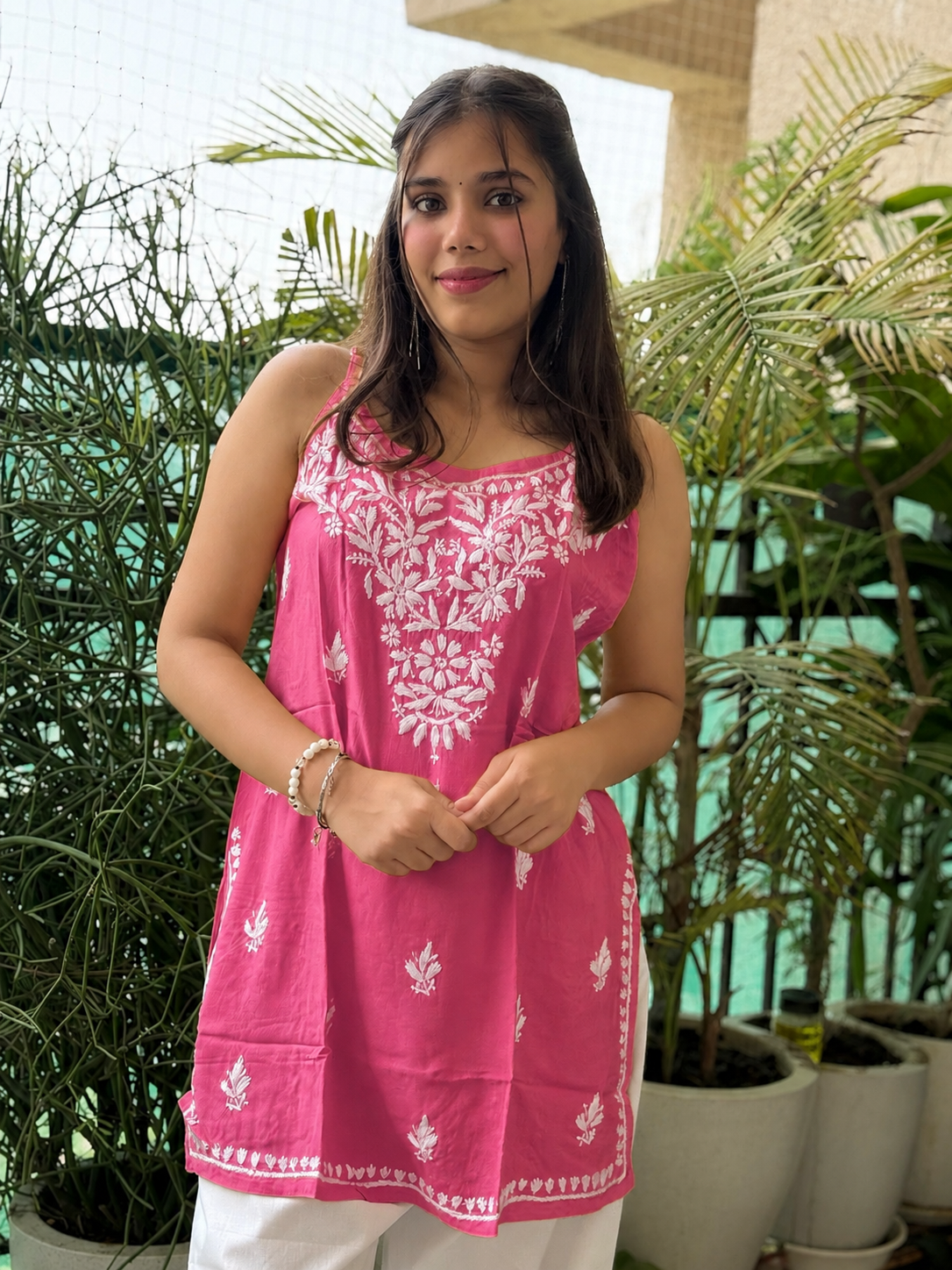 Pink Noodle Strap Chikankari Short Kurti