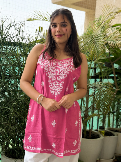 Pink Noodle Strap Chikankari Short Kurti