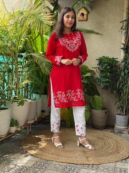 Red Cotton Embroidery Co Ord Set