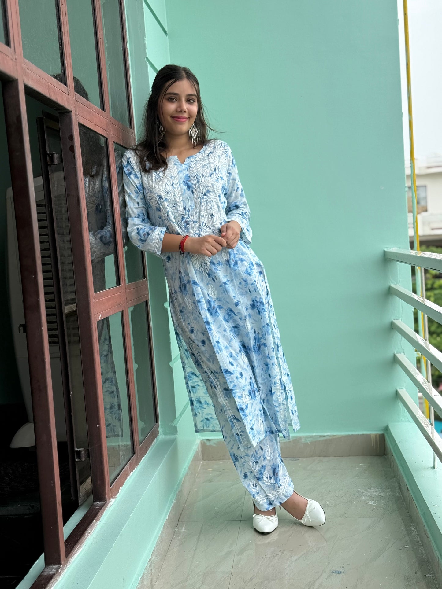 Sky Blue Chikankari Malmal Co Ord Set