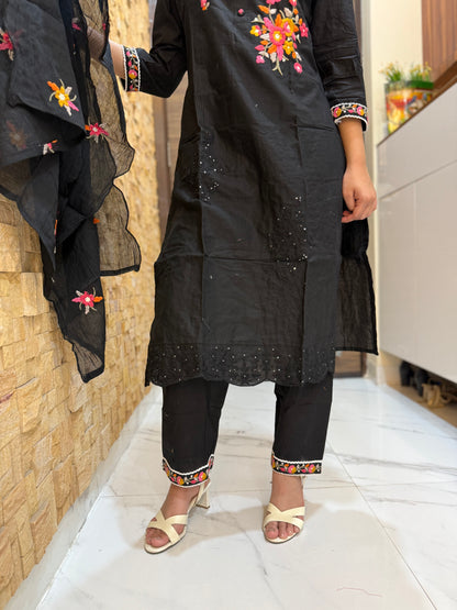 Black Pure Cotton Embroidery with Mal Dupatta Suit Set