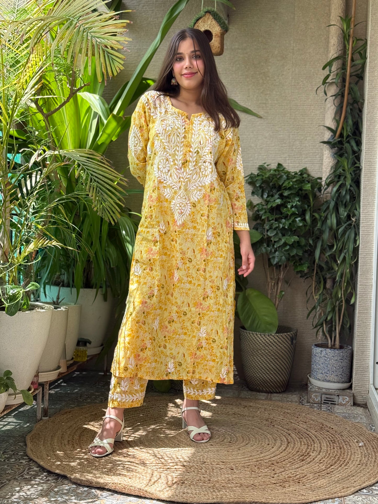 Yellow Chikankari Malmal Co Ord Set