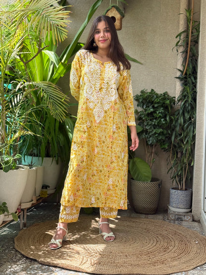 Yellow Chikankari Malmal Co Ord Set