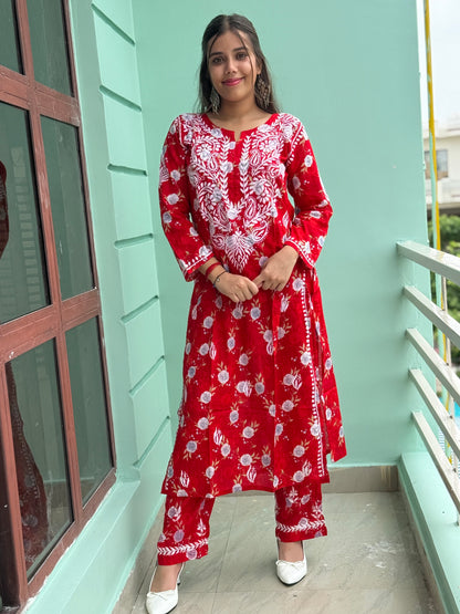 Red Chikankari Malmal Co Ord Set