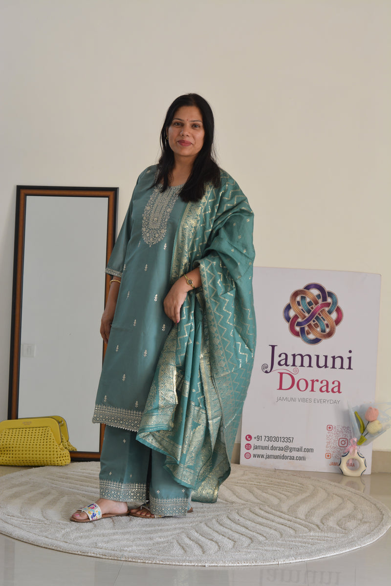 Blue Shimmer Silk Palazzo with Banarasi Dupatta Suit Set