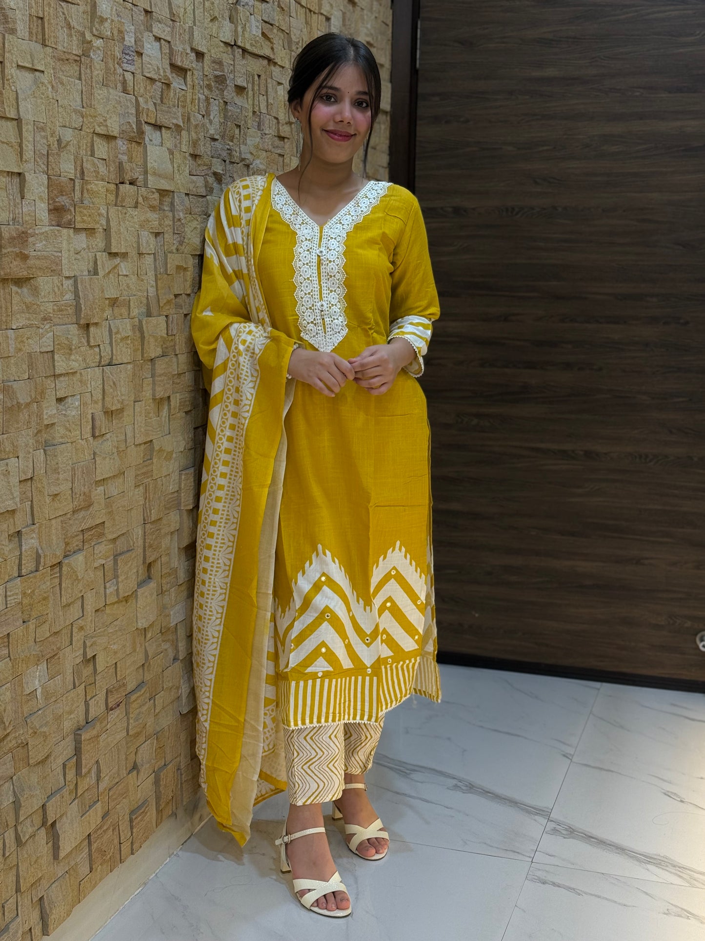 Yellow Digital Print Cotton Suit Set