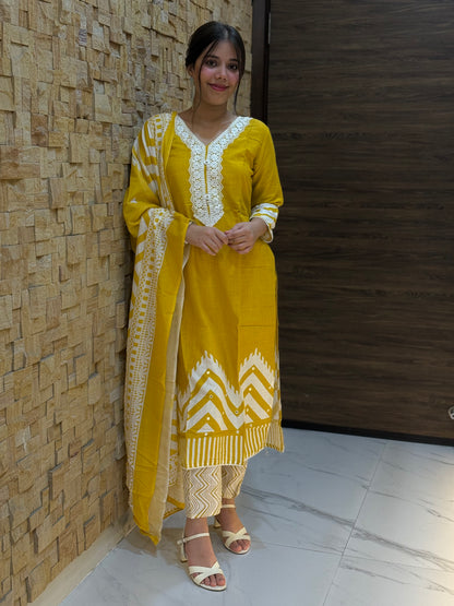 Yellow Digital Print Cotton Suit Set