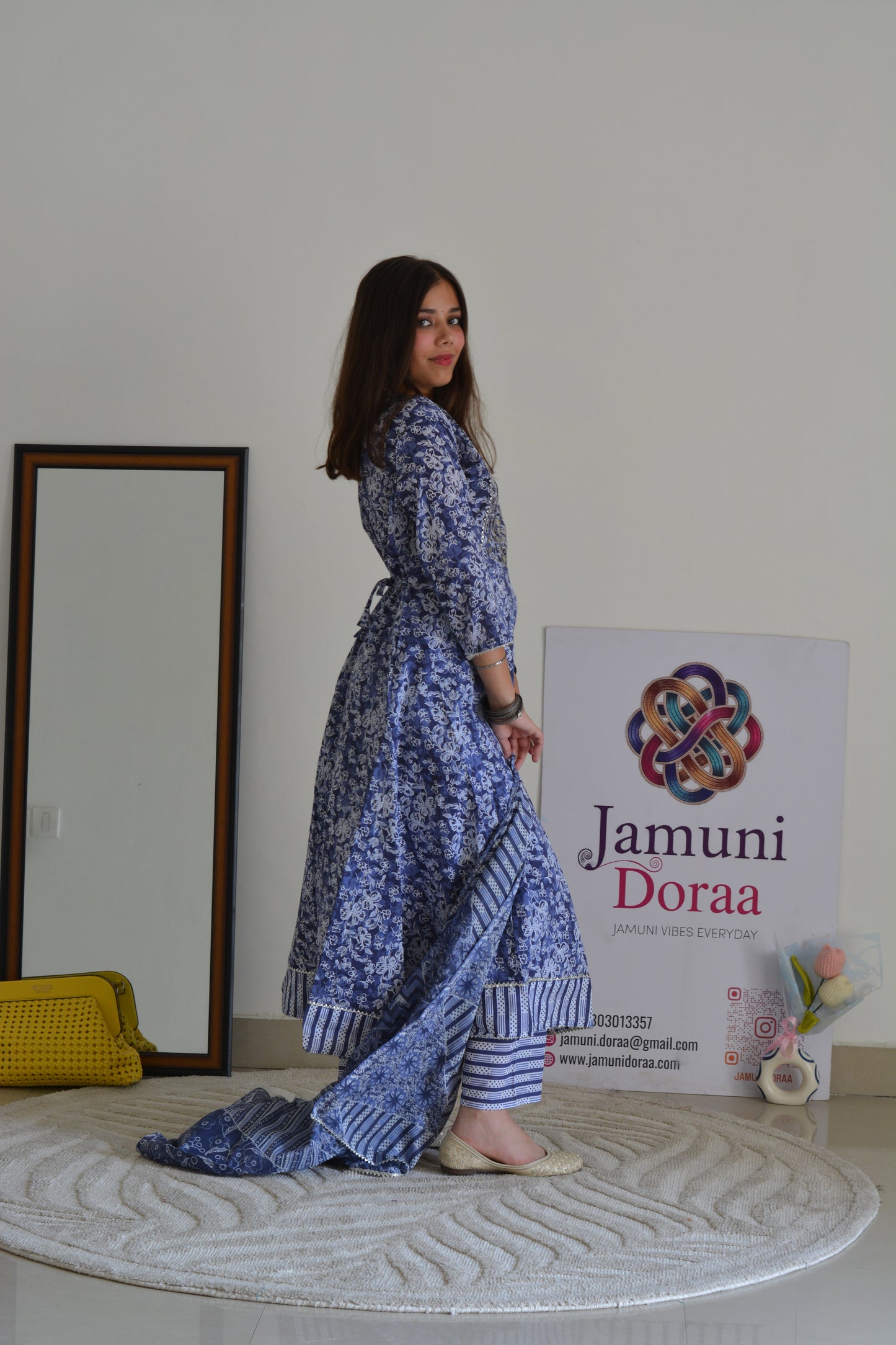Blue Cotton Anarkali Style With Dupatta Suit Set