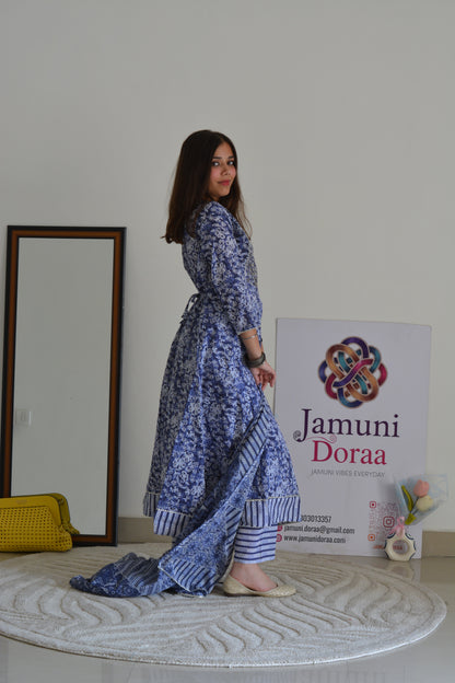 Blue Cotton Anarkali Style With Dupatta Suit Set
