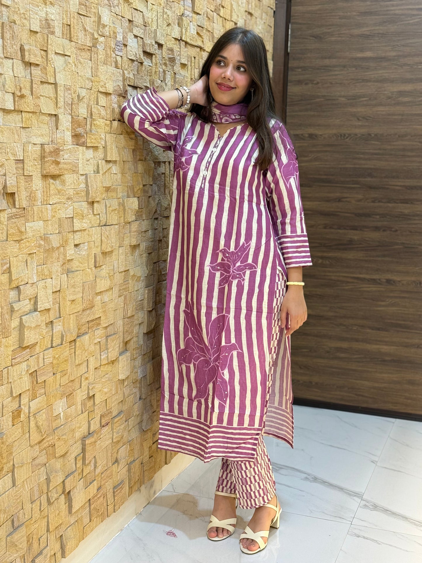 Purple Stripes Digital Print Cotton Suit Set