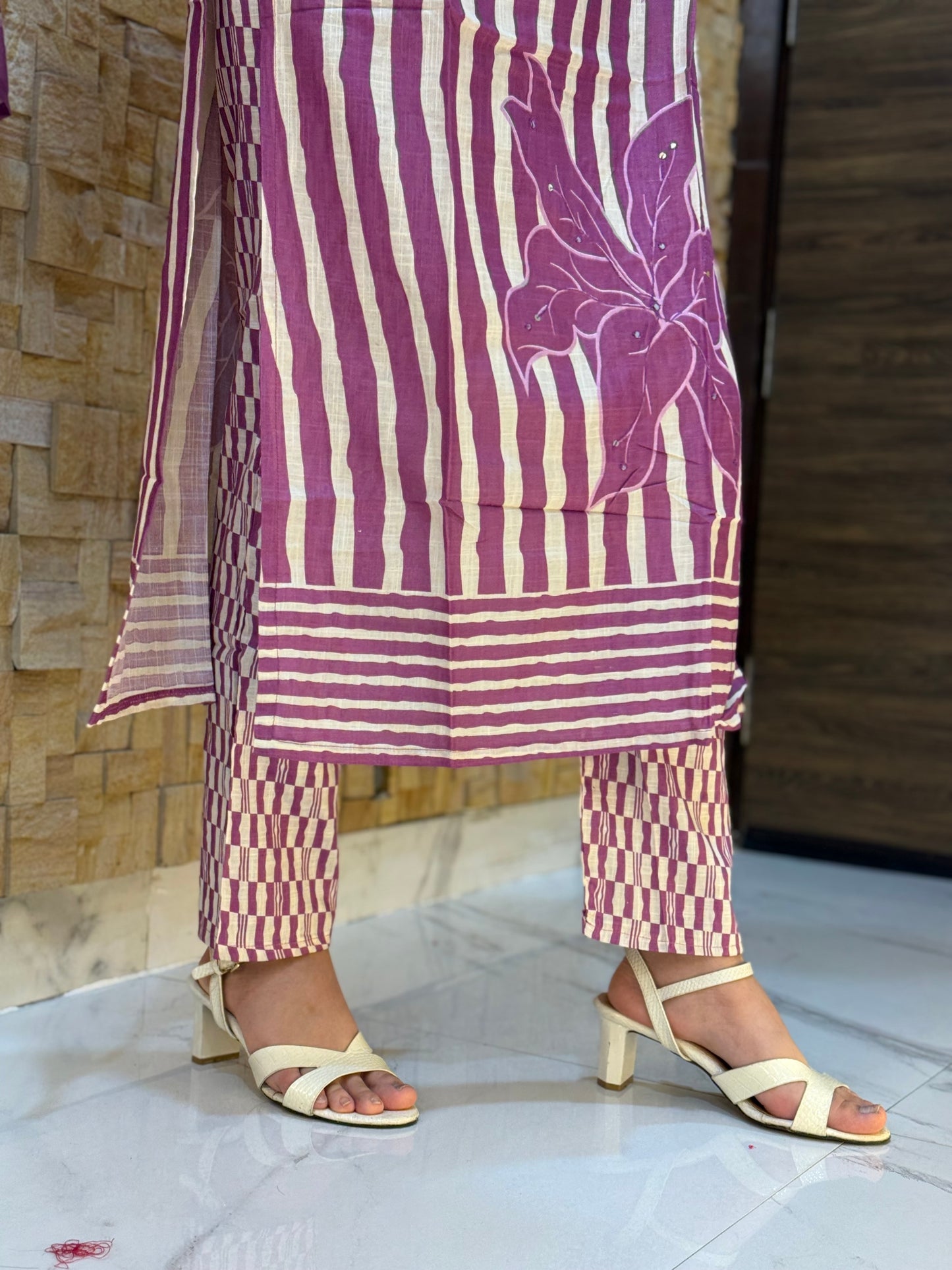 Purple Stripes Digital Print Cotton Suit Set