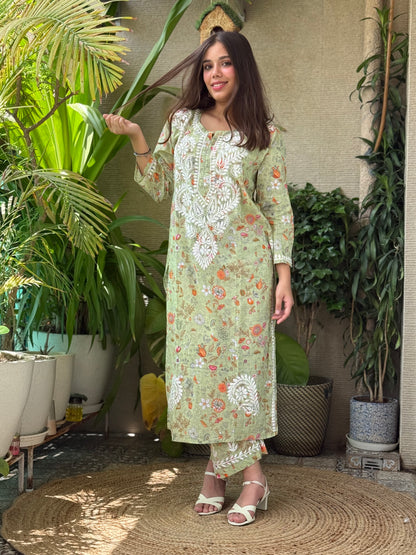 Green Chikankari Malmal Co Ord Set