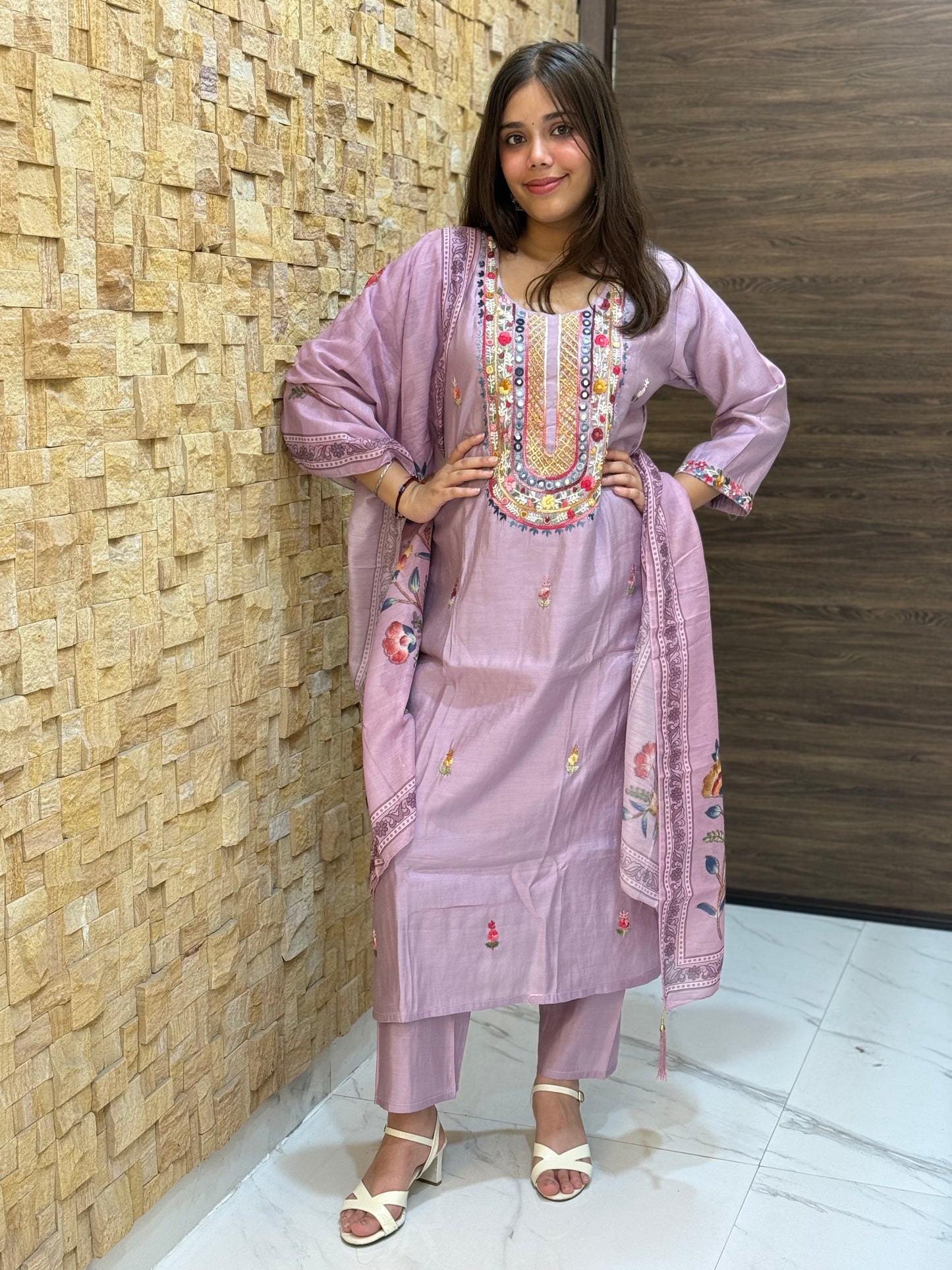 Lavendor Kantha Embroidery Silk with Dupatta Suit Set